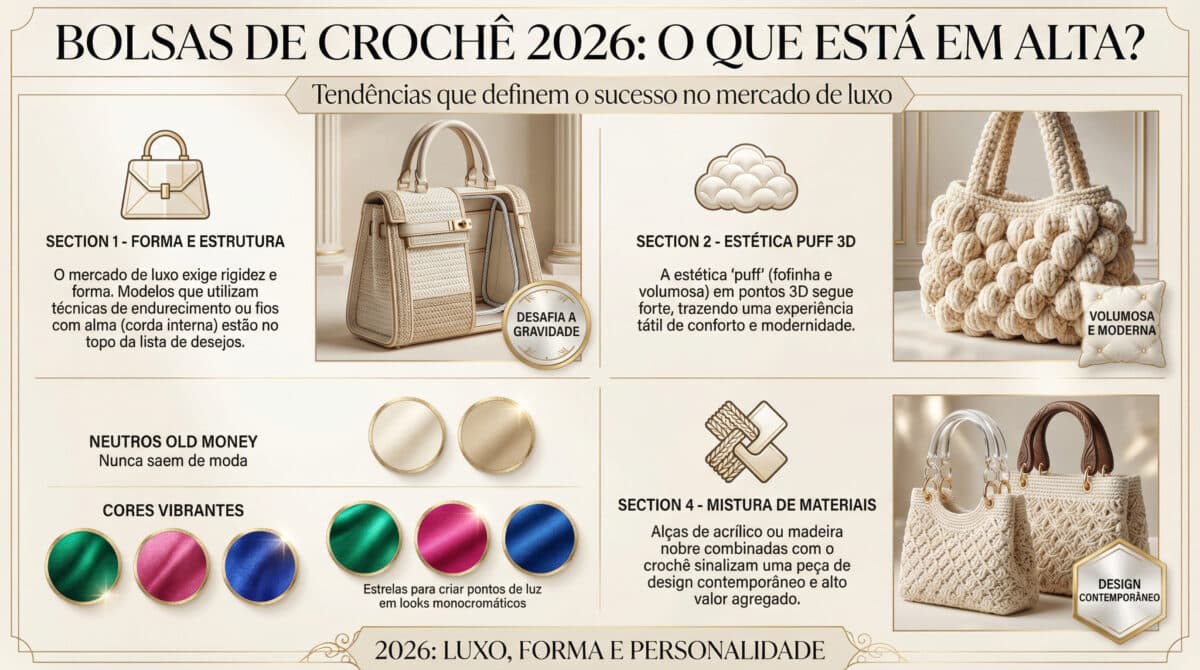 Infografico editorial sobre tendencias de bolsas de croche para 2026, mostrando forma estruturada, estetica puff 3D, paleta de cores neutras e vibrantes, e mistura de materiais nobres