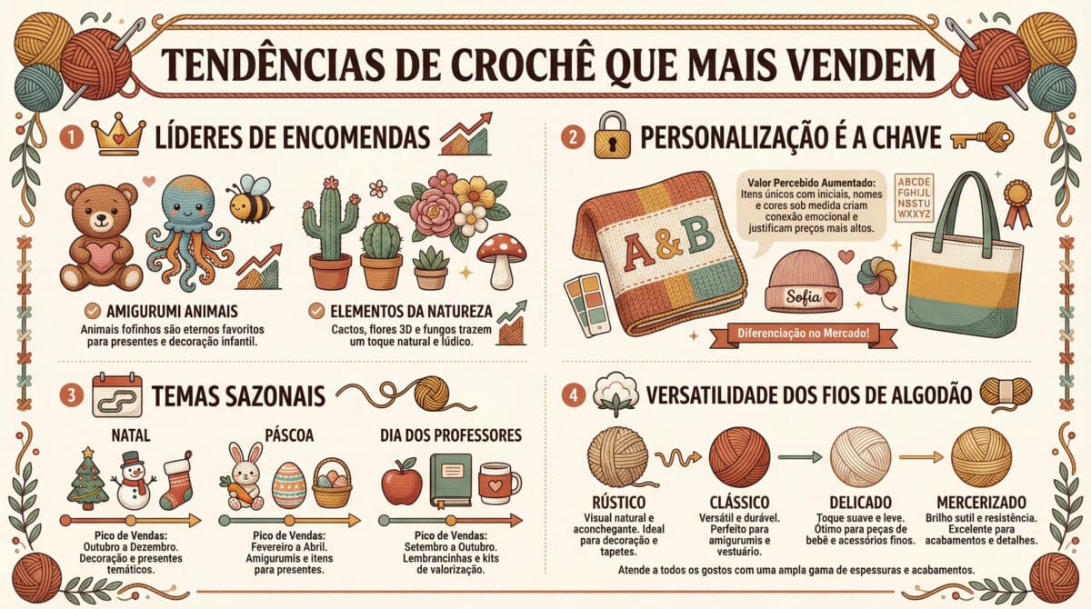Infografico sobre tendencias de croche que mais vendem com amigurumis personalizacao e temas sazonais