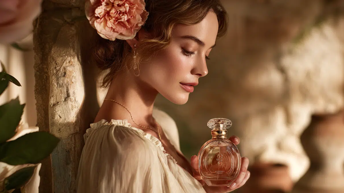 Mulher com frasco de perfume na mão