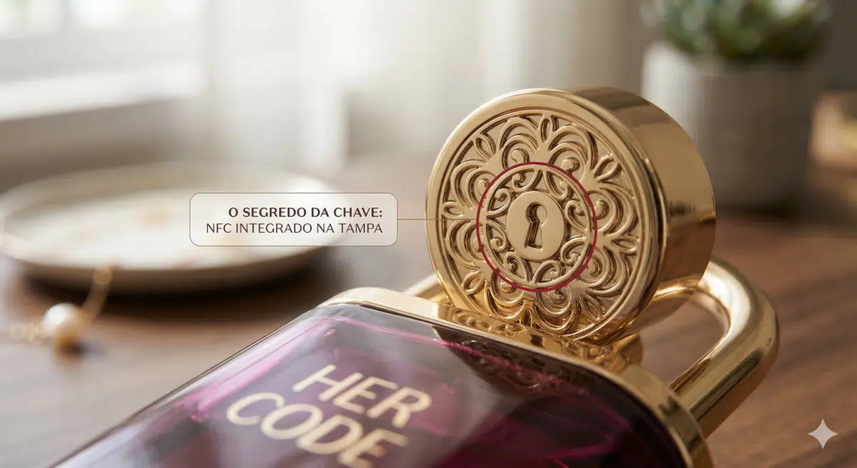 Frasco de perfume HER CODE com tampa dourada decorada e mensagem sobre NFC integrado.