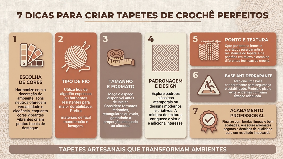 Infografico criativo e detalhado com 7 dicas para criacao de tapetes de croche incluindo cores design tamanho e acabamento em layout moderno