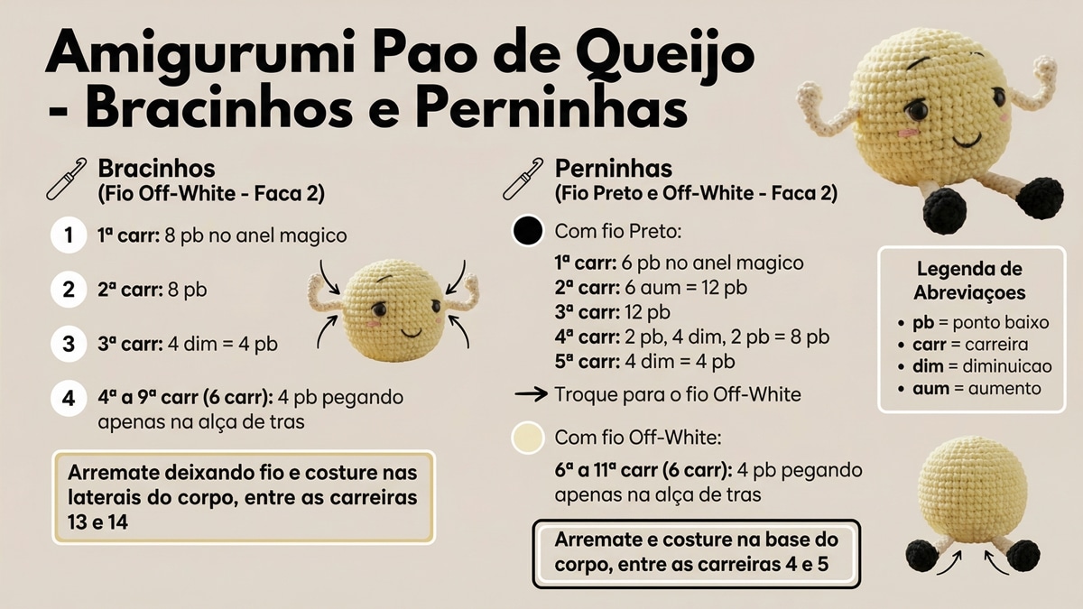 Infografico educativo com instrucoes de croche para fazer bracinhos e perninhas do amigurumi de pao de queijo