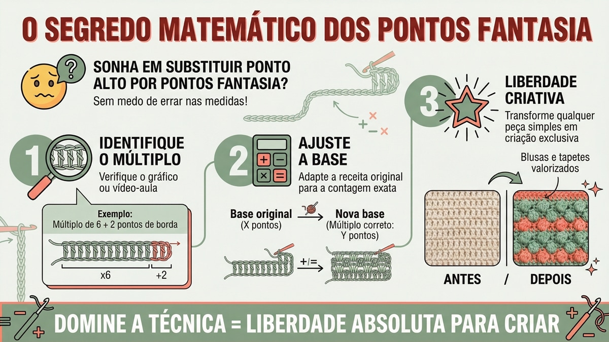 Infografico educativo em portugues sobre segredo matematico para adaptar pontos fantasia em croche com 3 passos detalhados