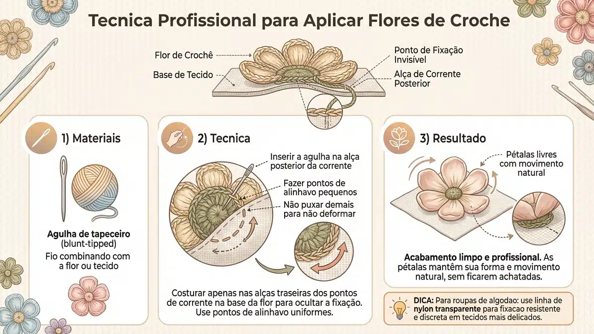 Infográfico educativo em português sobre técnica profissional para aplicar flores de crochê com acabamento invisível mostrando materiais, passo a passo e dicas de fixação