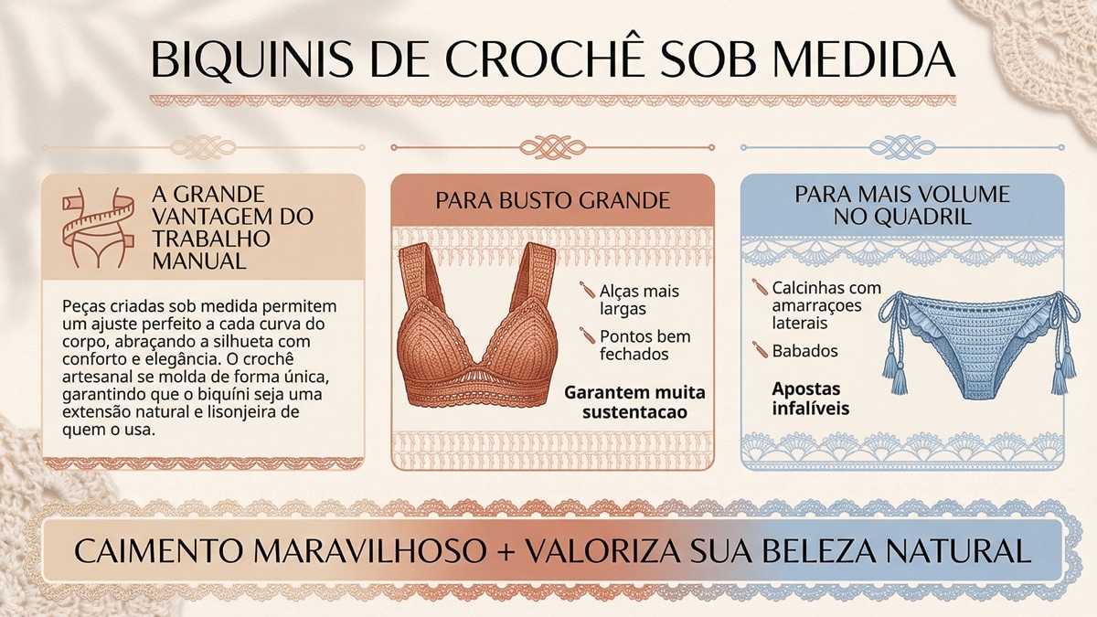 Infografico criativo e detalhado sobre biquinis de croche sob medida com dicas para busto grande e volume no quadril em design editorial moderno