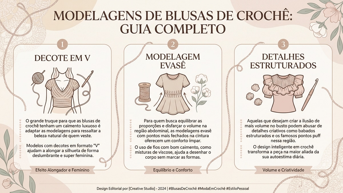 Infografico sobre modelagens de blusas de croche com tres secoes explicando decote em V, modelagem evase e detalhes estruturados