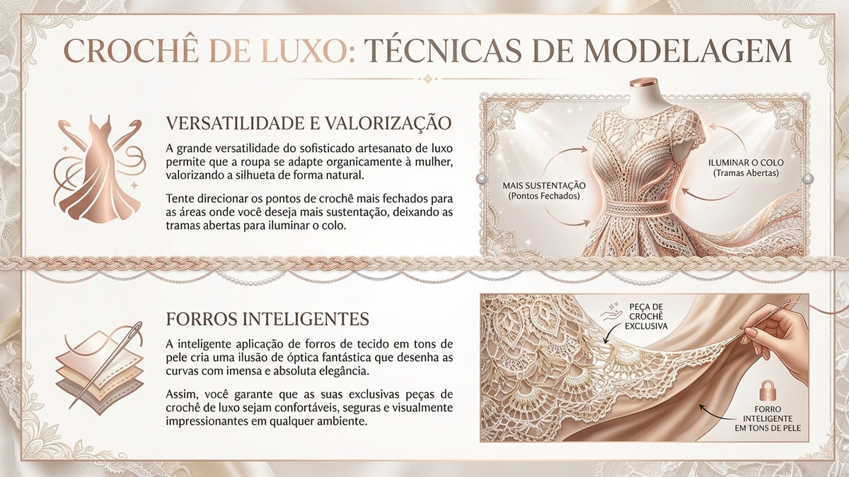 nfografico detalhado sobre tecnicas de modelagem e forros para croche de luxo com valorizacao da silhueta