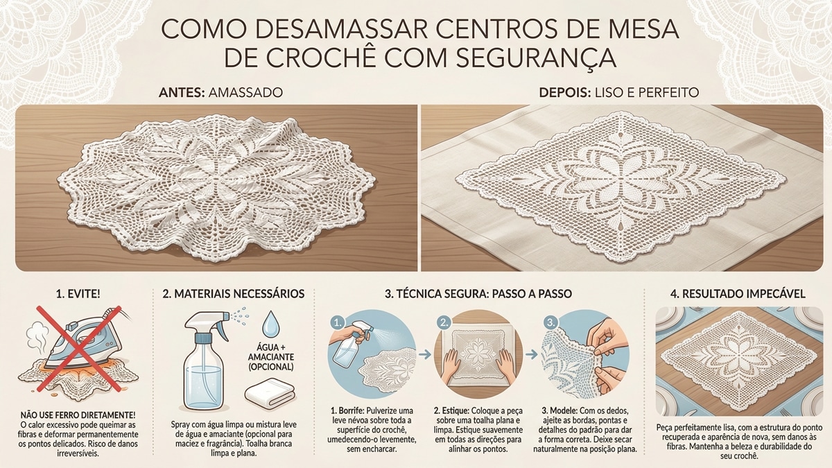 Infografico educativo em portugues sobre tecnica segura para desamassar centros de mesa de croche sem usar ferro mostrando passo a passo com agua e amaciante