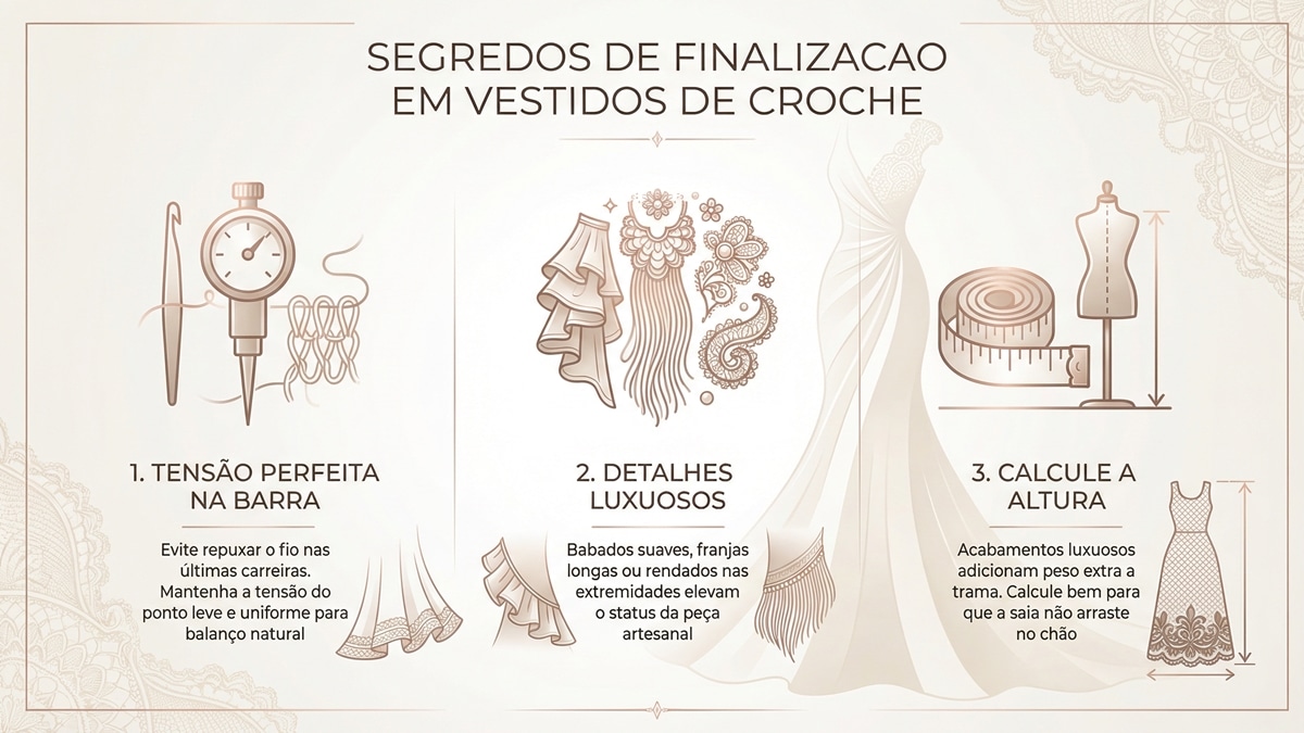 Infografico educativo sobre segredos de finalizacao em vestidos de croche com tecnicas de alta costura manual e design sofisticado