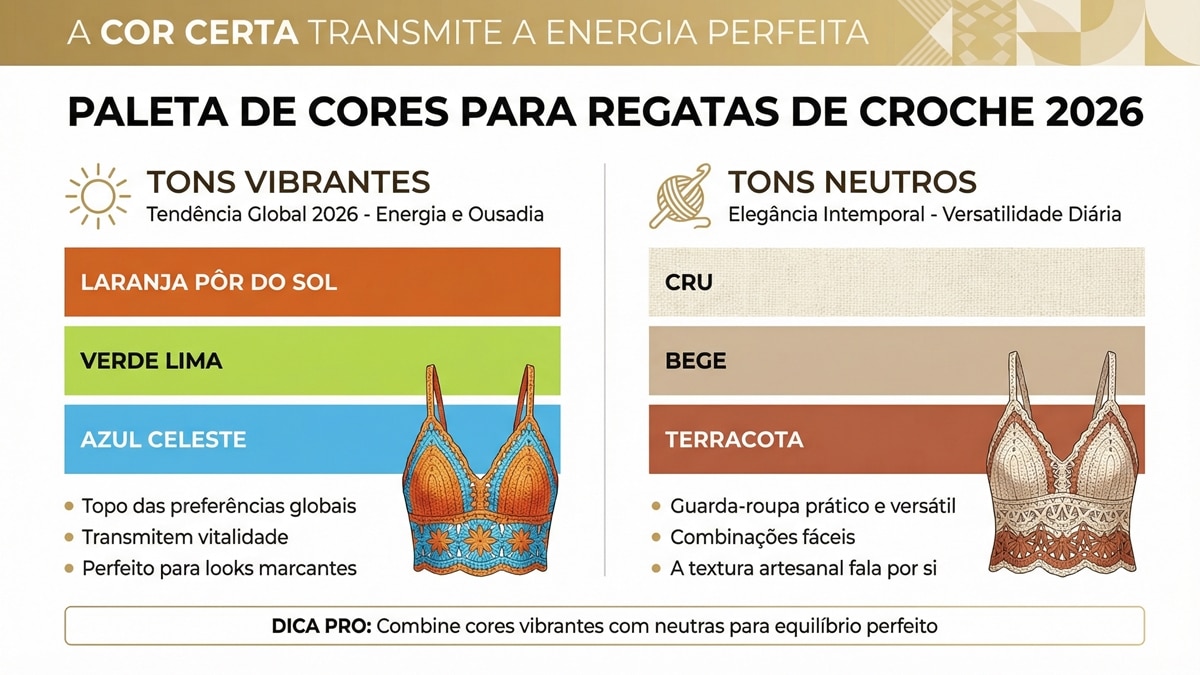Infografico detalhado em portugues sobre paleta de cores para regatas de croche 2026 com tons vibrantes e neutros