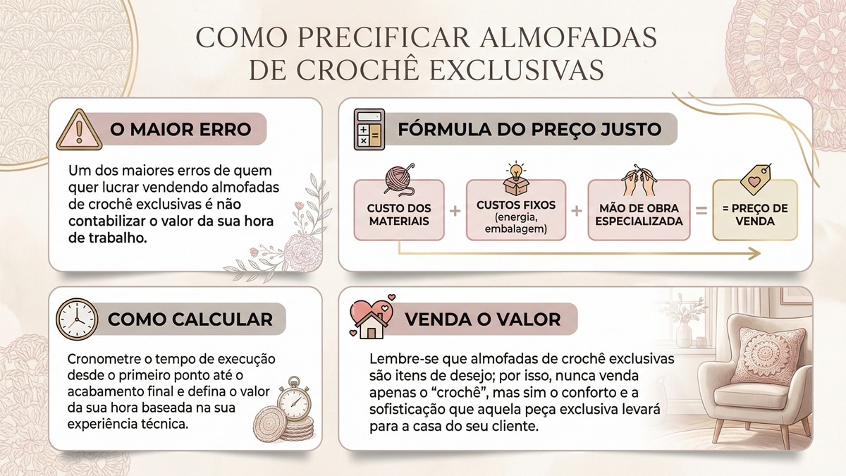 Infografico sobre precificacao de almofadas de croche com formula de calculo e dicas para valorizar o trabalho artesanal