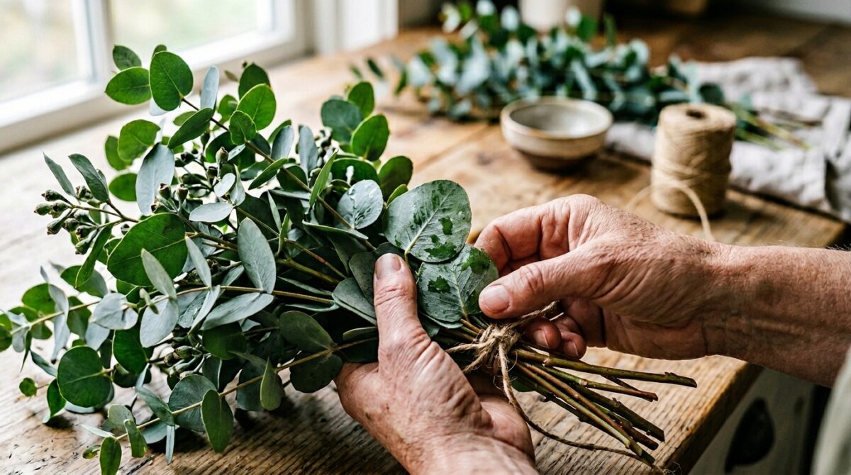 Mãos amarrando o ramo de eucalipto com barbante, com as folhas verdes frescas