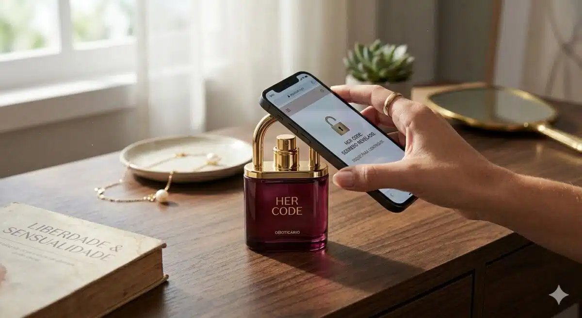 Um frasco de perfume 'HER CODE' com tampa dourada, ao lado de um smartphone que mostra informações na tela enquanto uma mão interage com ele, em uma mesa de madeira. Ao fundo, há um prato com acessórios e um espelho.