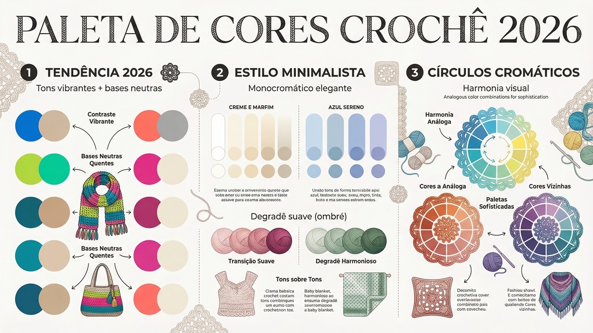 Infografico sobre tendencias de paleta de cores para croche em 2026 com tons vibrantes neutros monocromaticos e degrade ombre