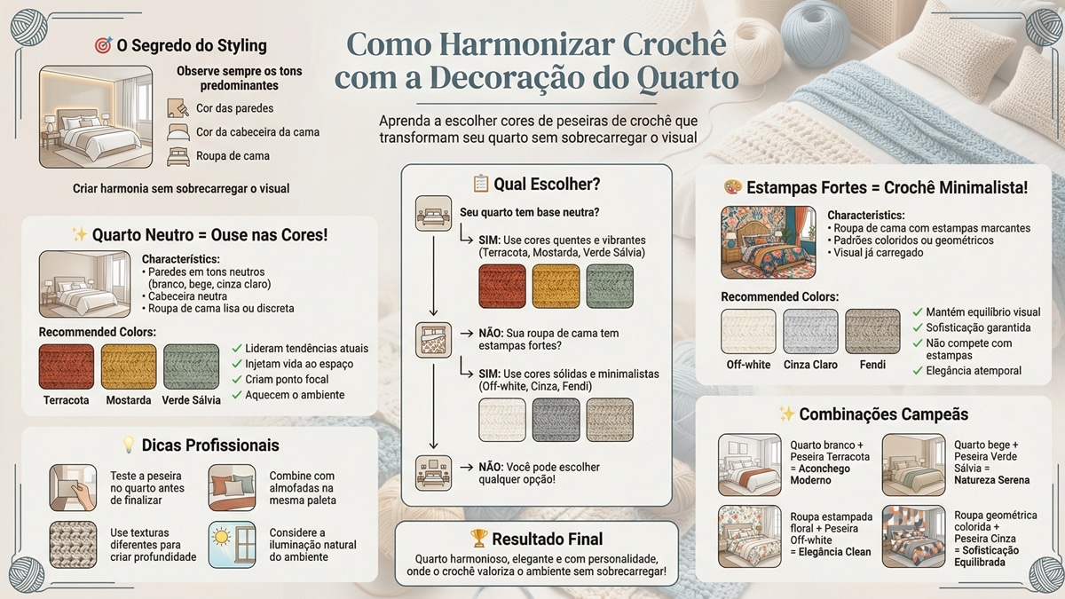 Infografico em portugues sobre como harmonizar cores de croche com decoracao do quarto, incluindo guia para quartos neutros e com estampas