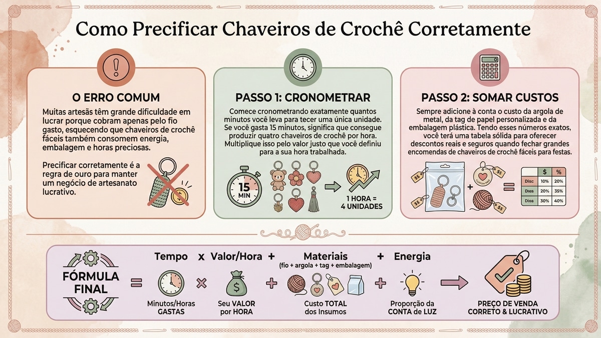 Infografico educativo sobre como precificar chaveiros de croche artesanal com passos detalhados e formula de calculo em design moderno
