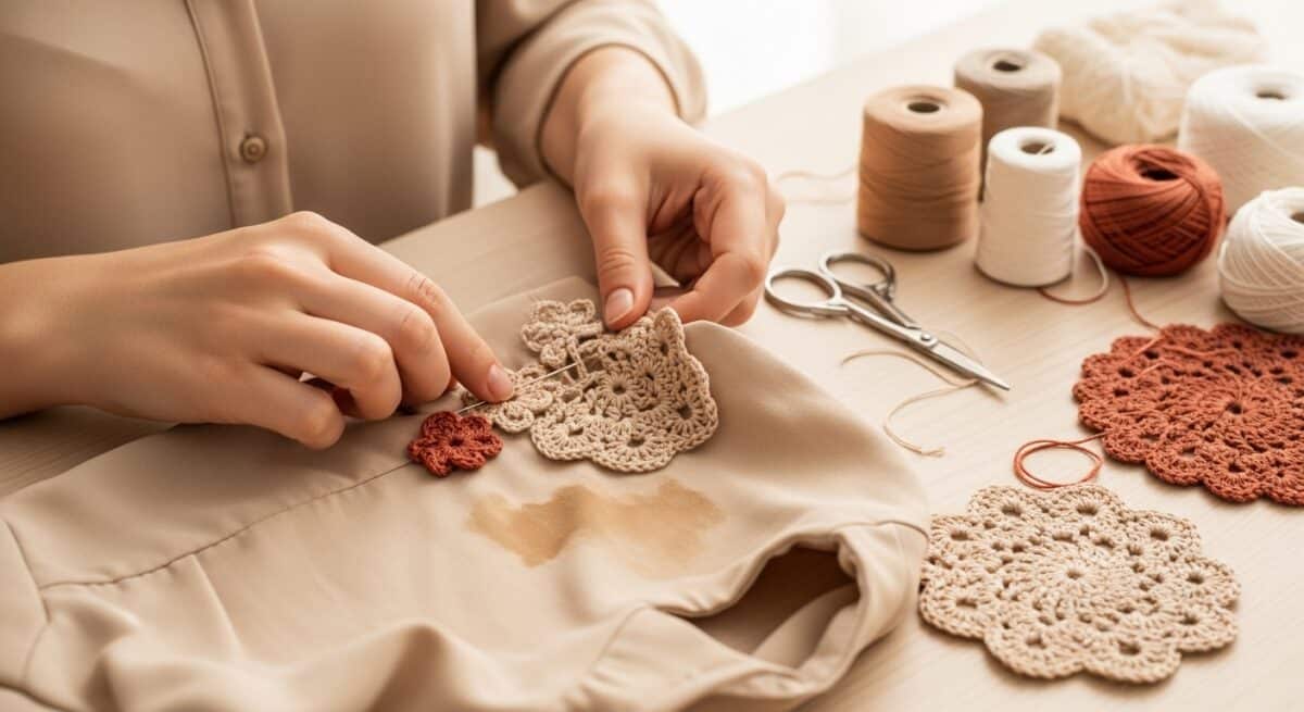 Mãos aplicando crochê sobre uma roupa manchada, mostrando o processo de customização com técnicas simples e criativas que transformam a peça
