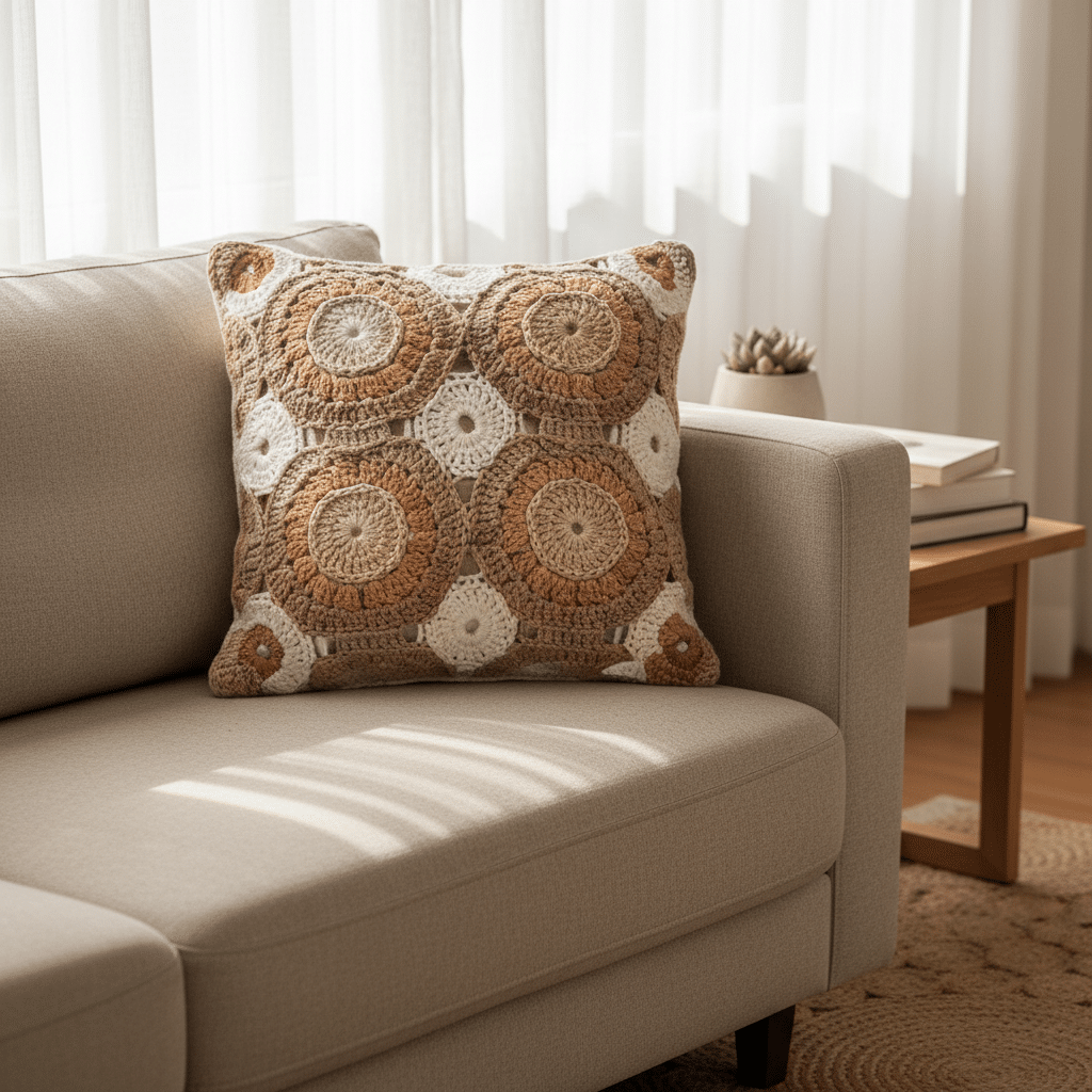 almofada de crochê decorativa feita à mão em sofá com ambiente aconchegante