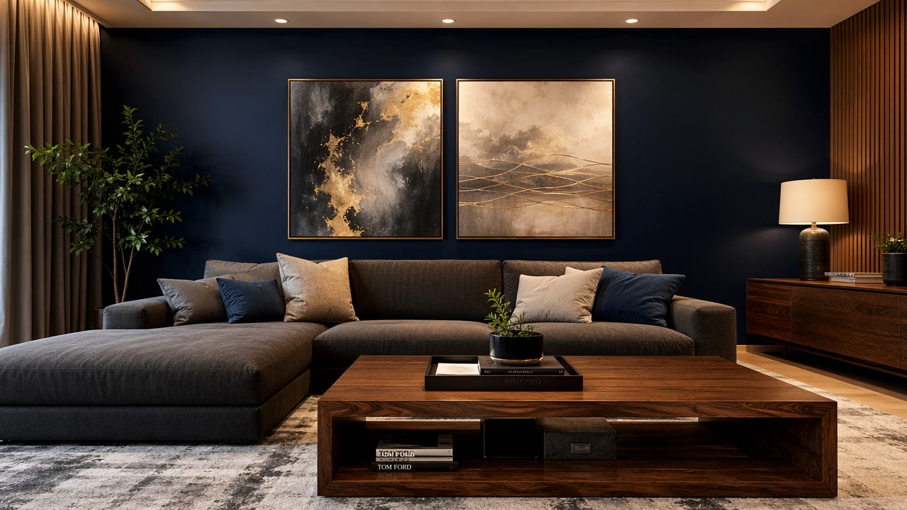 A composição apresenta um sofá confortável e uma mesa de centro de madeira escura com textura em destaque, contrastando luxuosamente com a parede azul marinho ao fundo.