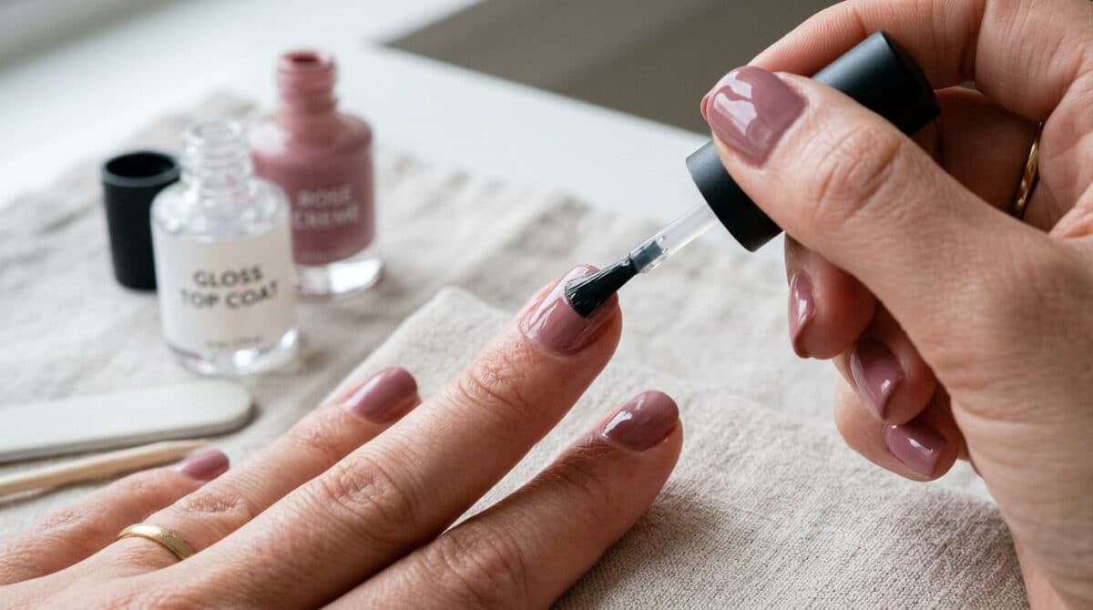 Aplicando esmalte branco sobre unhas coloridas.