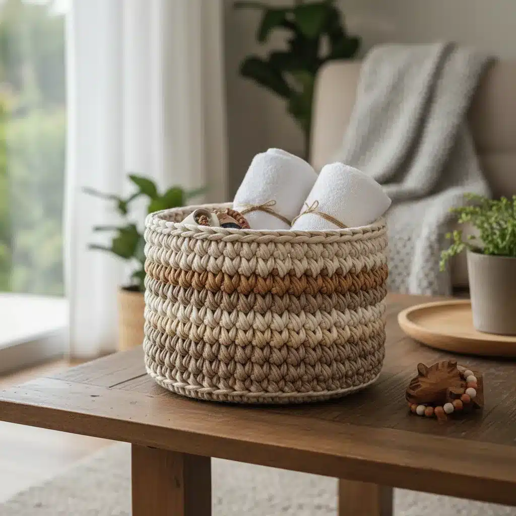 cesta de crochê bonita e organizada com itens dentro para presente