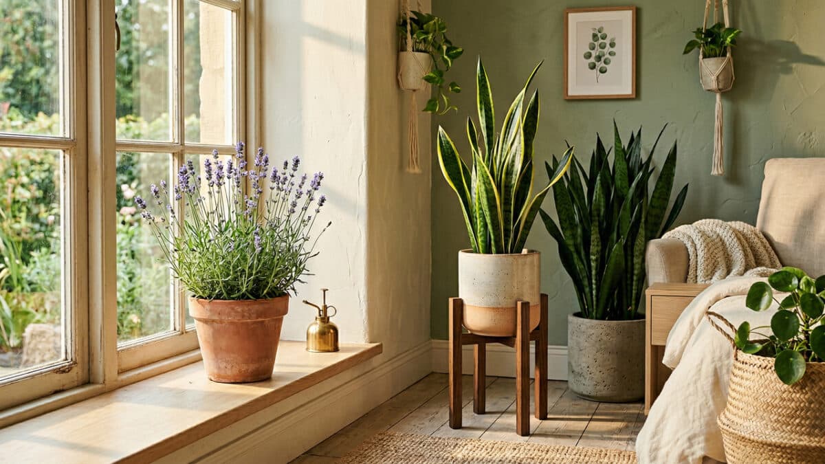 Canto de sala decorado com plantas de interior.
