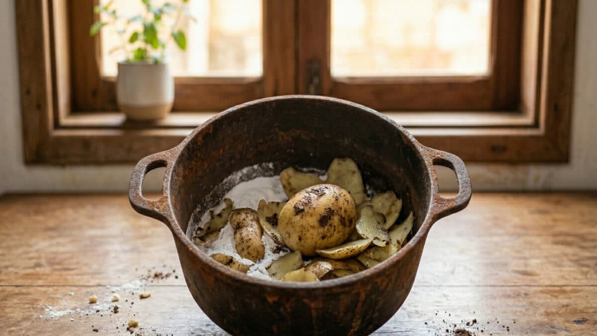 Cascas de batata com bicarbonato de sódio auxiliando na limpeza de panela extremamente suja