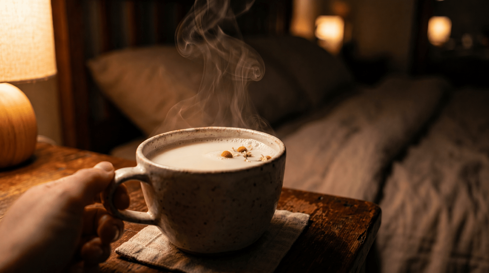 mãos segurando bebida quente com camomila criando sensação de relaxamento antes de dormir