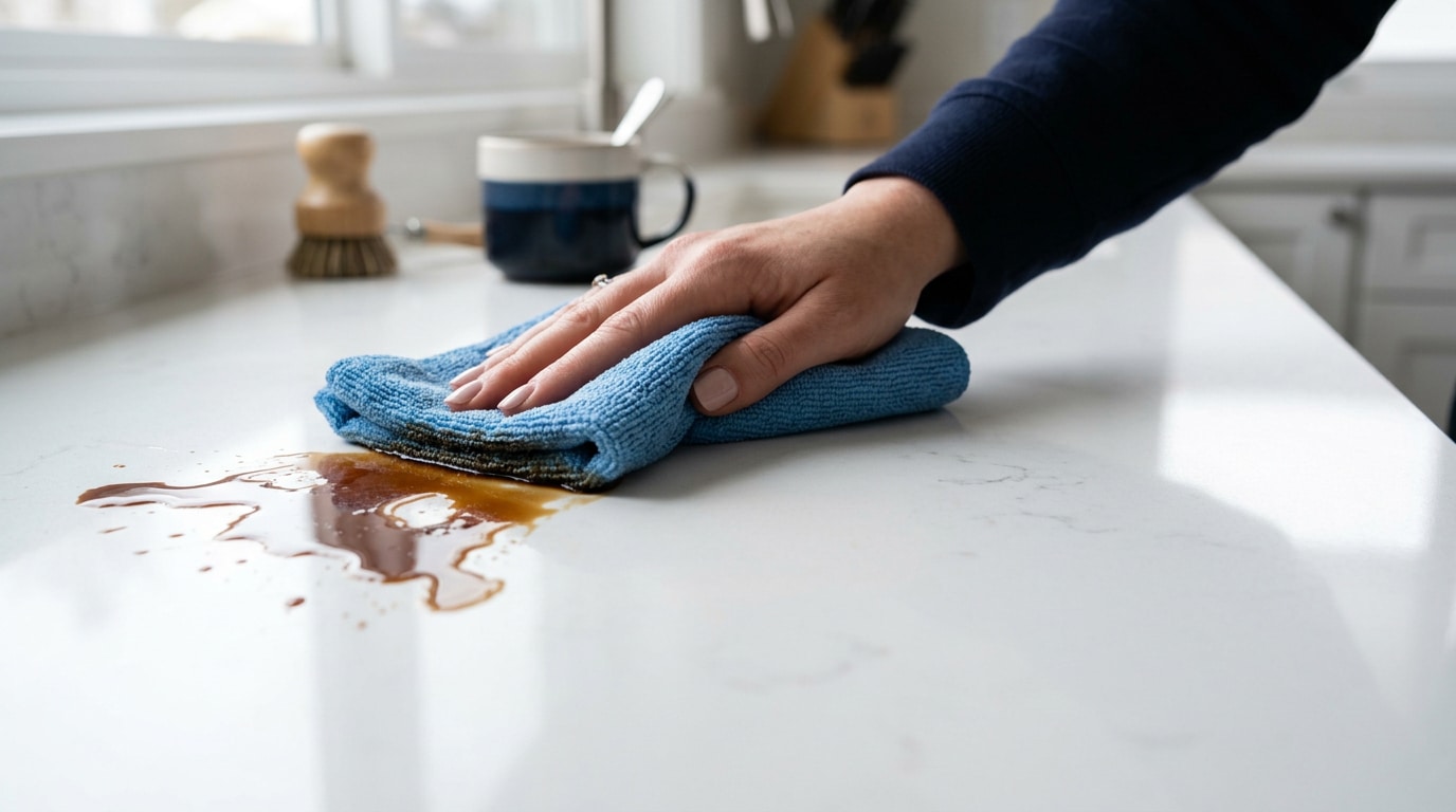 Limpeza de bancada de quartzo com café derramado