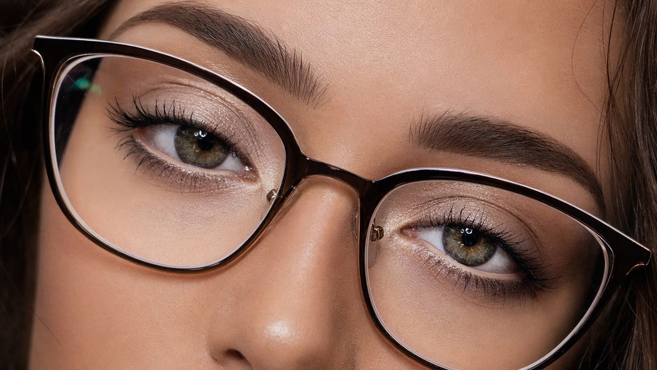 Close-up de rosto feminino com óculos, destaque para maquiagem dos olhos com lápis bege na linha d’água e óculos de grau.