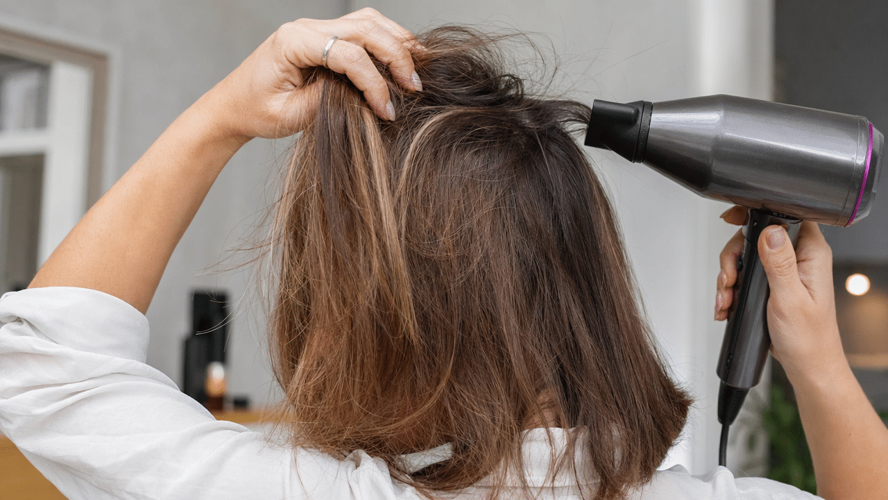 Cabelo fino em processo de finalização com secador