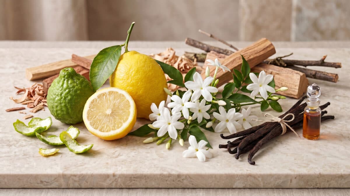 Composição de frutas, florais e ervas para tons de perfume. 