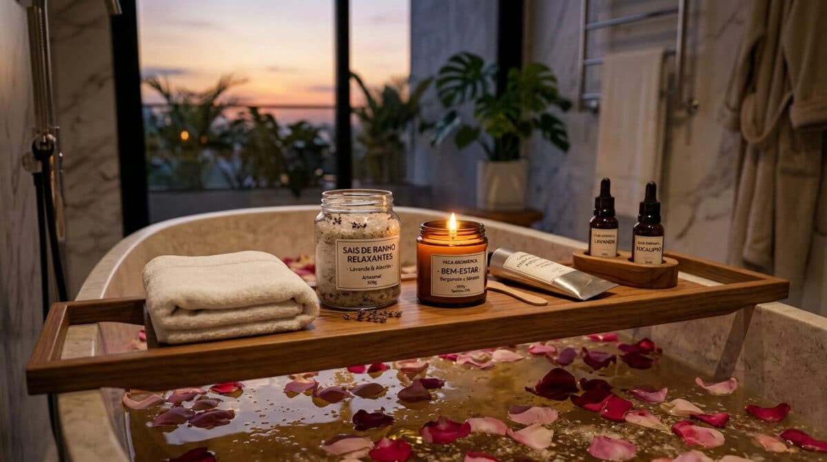 Banheira com óleos e produtos de bem-estar