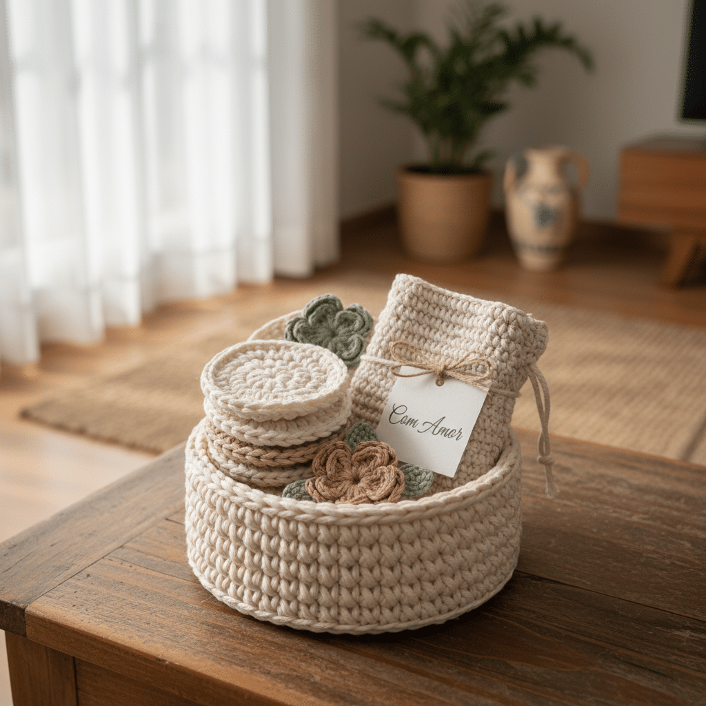 kit de crochê completo organizado em cesta com peças artesanais para presente