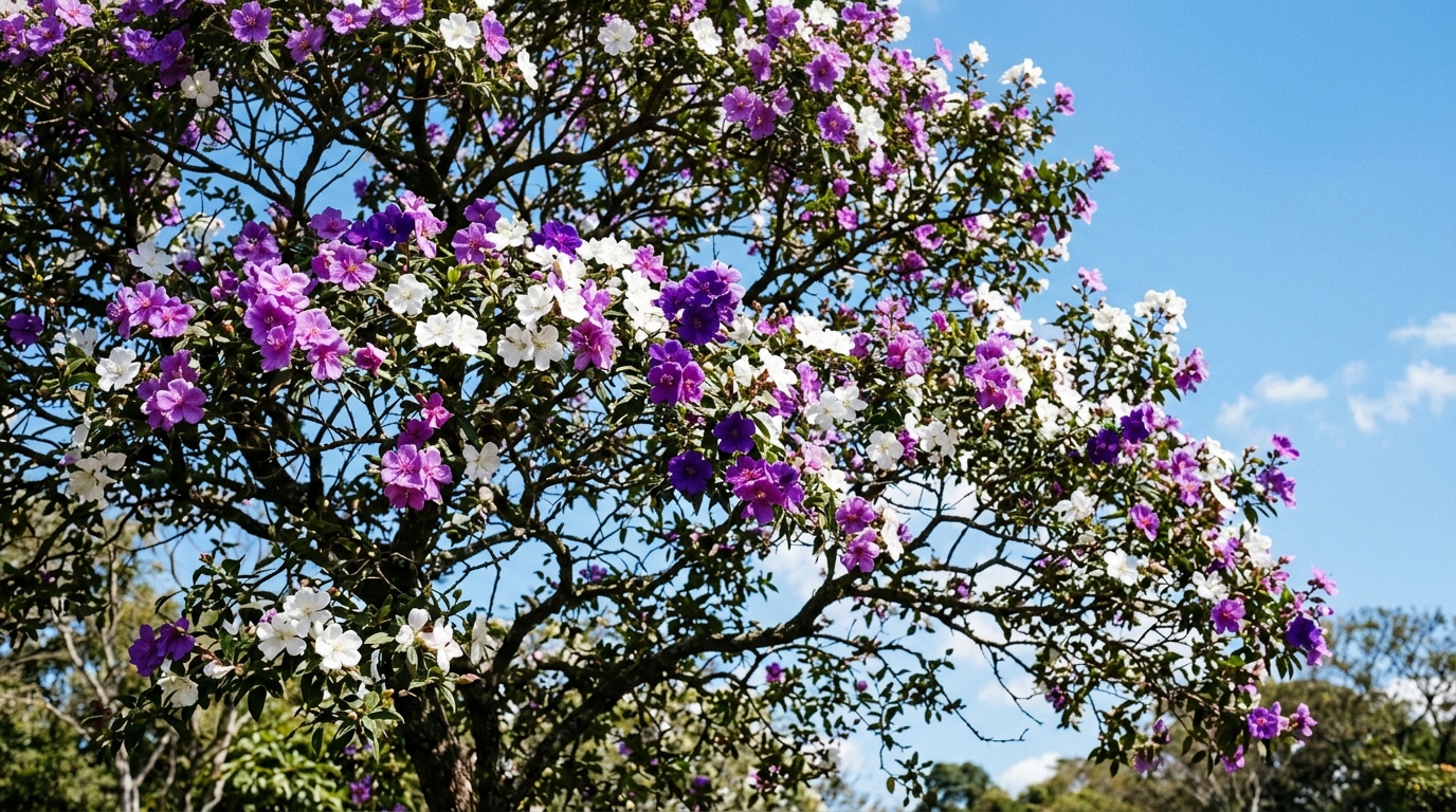 lores do manacá-da-serra em tons branco e roxo na árvore