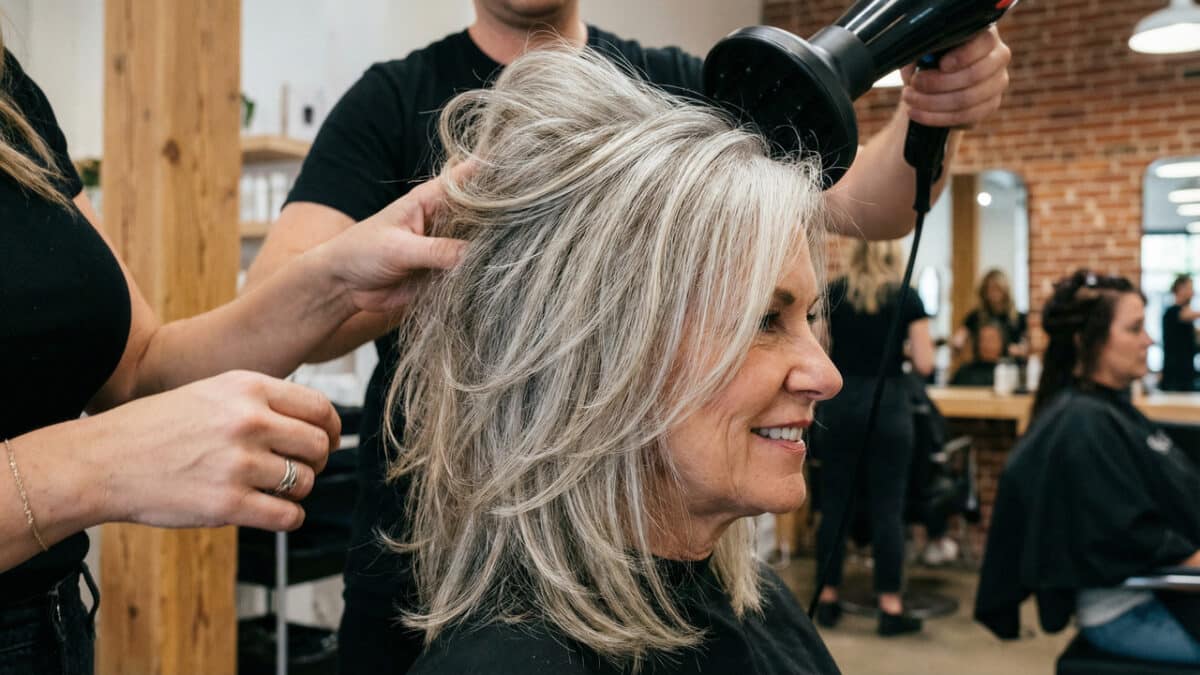 Mulher cortando cabelo no salão