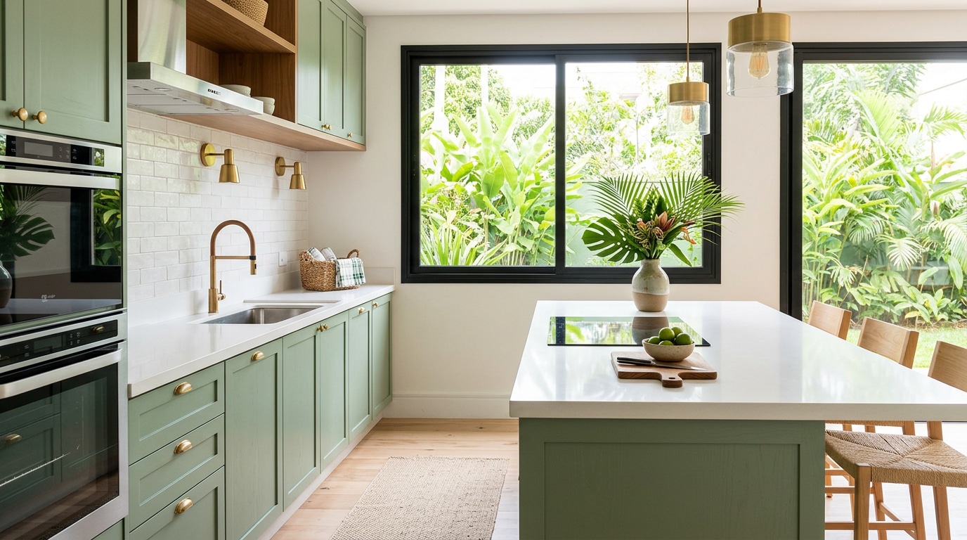 Ilha de cozinha com bancada em porcelanato e ambiente integrado