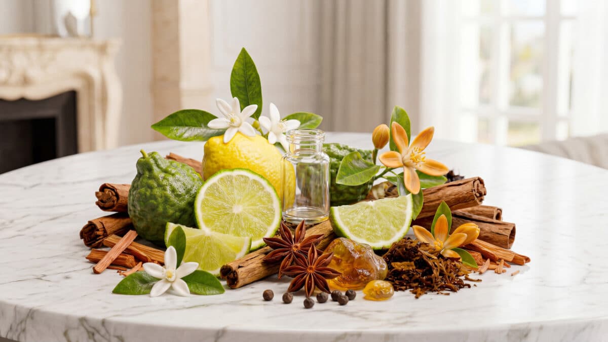 Itens de tons de perfume como flores, frutas cítricas e madeira. Imagem gerada por inteligência artificial