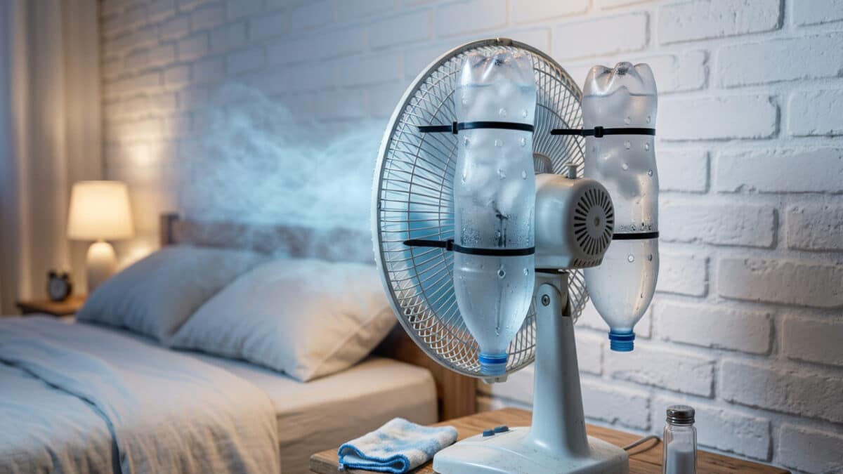 Engenhosidade com ventilador e garrafas pet para simular ar condicionado