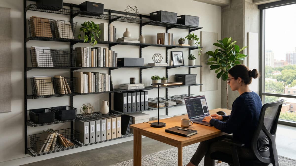 Escritório moderno com caixas organizadoras
