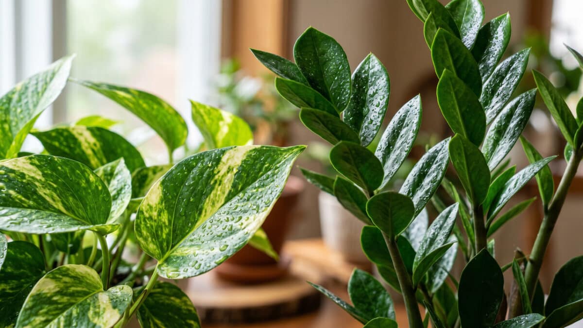 Folhas verdes de plantas de sombra como jiboia e zamioculca, destacando a as folhas brilhantes. Imagem gerada por inteligência artificial