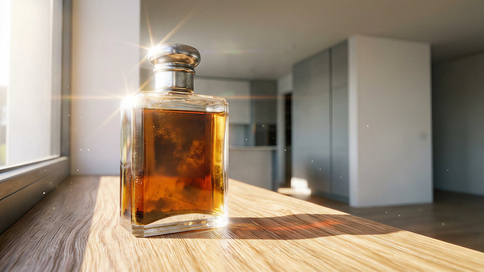 frasco de perfume exposto à luz solar