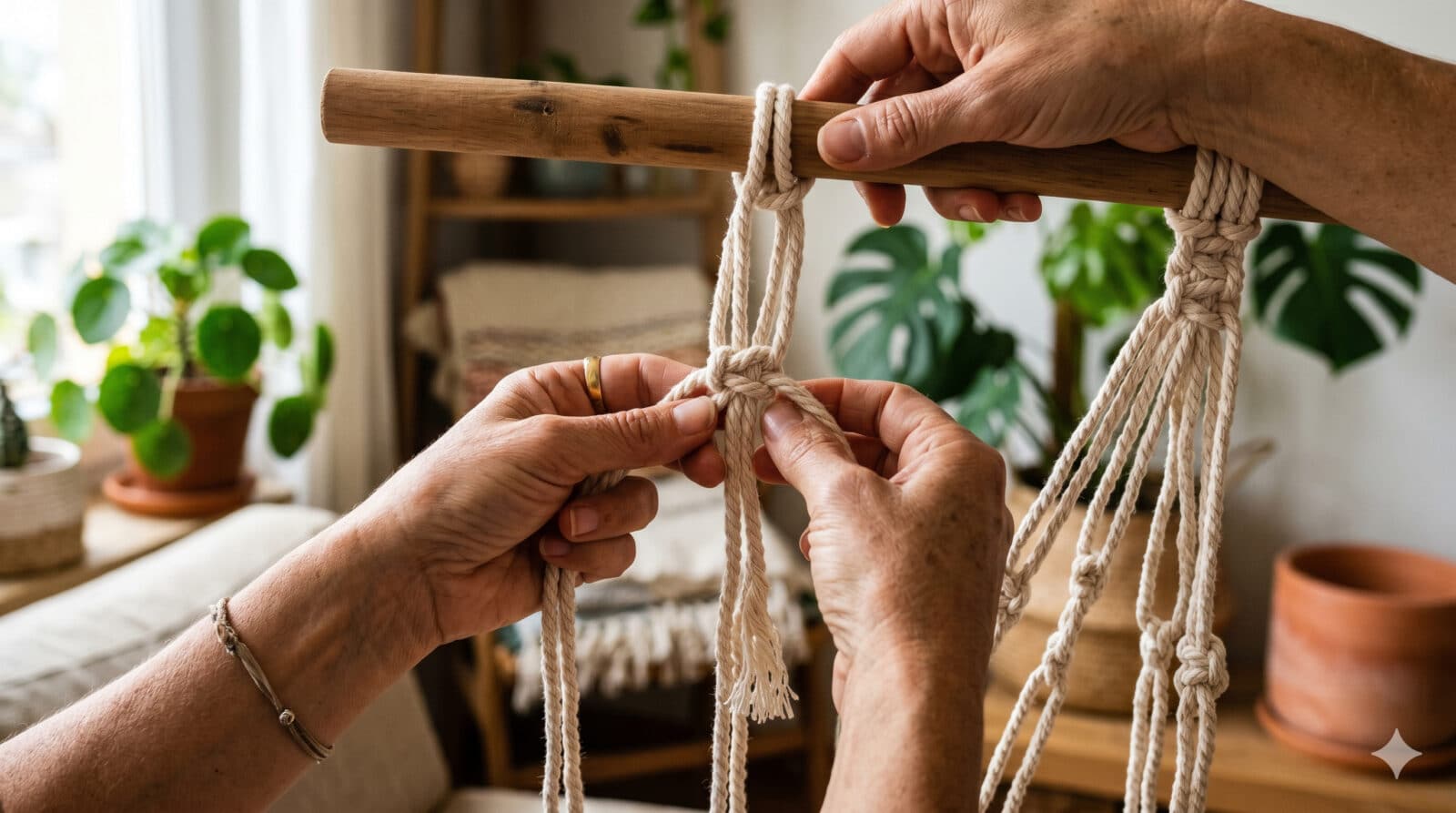 mãos criando o macramé