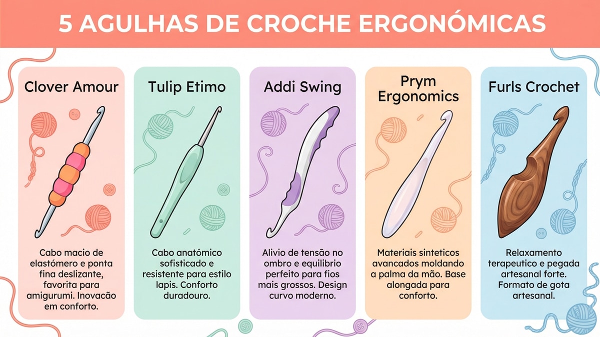 Infografico educativo apresentando 5 tipos de agulhas de croche ergonomicas com ilustracoes visuais e descricoes detalhadas de cada modelo incluindo Clover Amour Tulip Etimo Addi Swing Prym Ergonomics e Furls Crochet