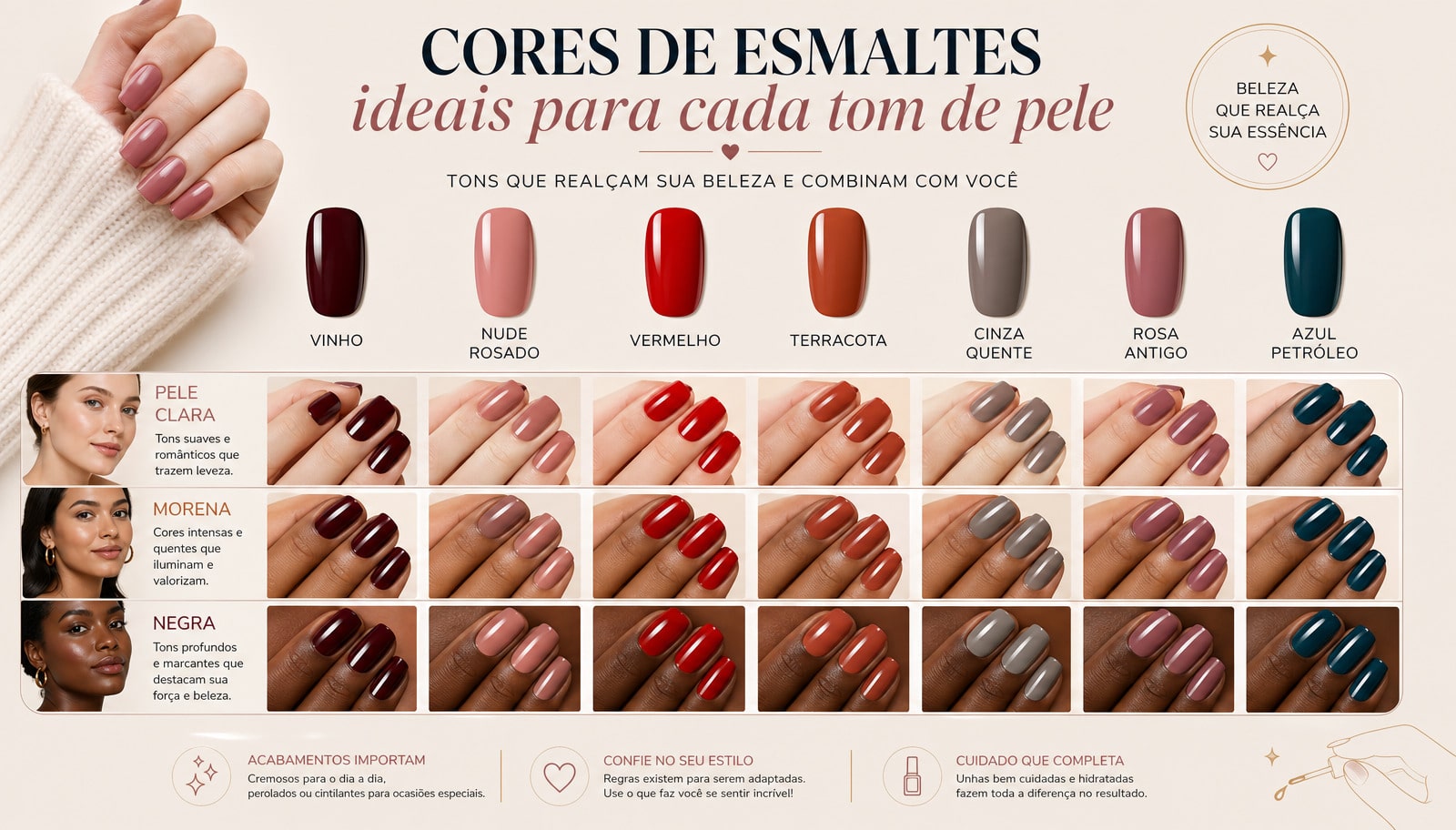 Infográfico com cores de esmalte ideais para valorizar diferentes tons de pele com elegância.