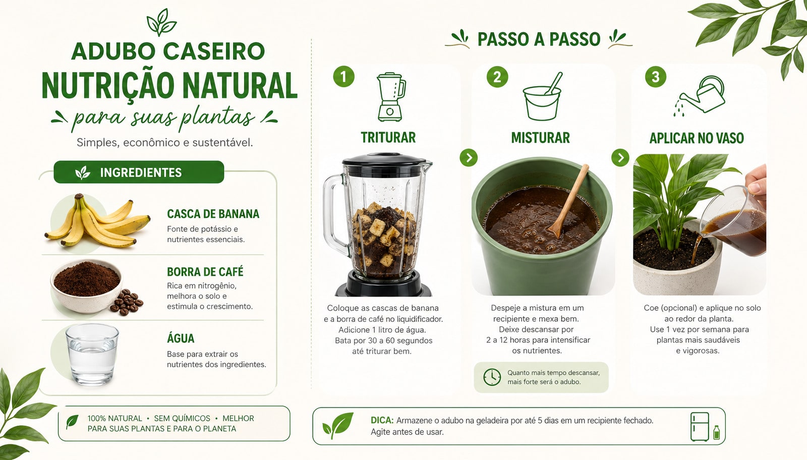 Infográfico com receita de fertilizante caseiro para estimular floração e fortalecer plantas.