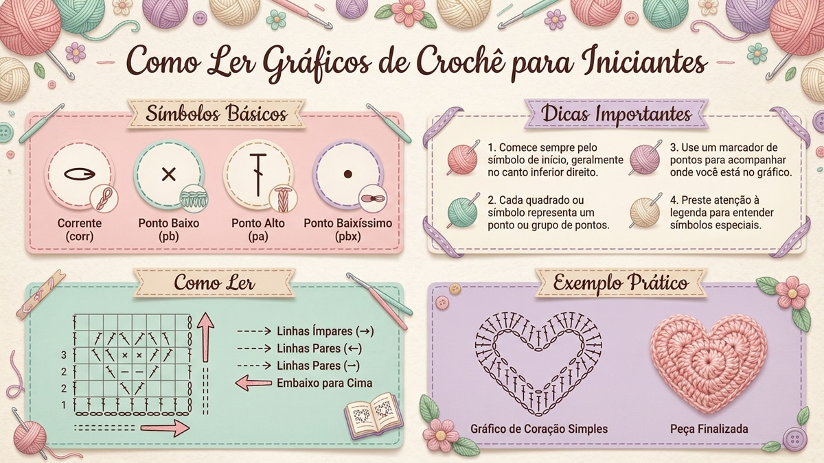 Infografico educativo sobre como ler graficos de croche para iniciantes com simbolos basicos instrucoes de leitura e exemplos praticos em tons pasteis