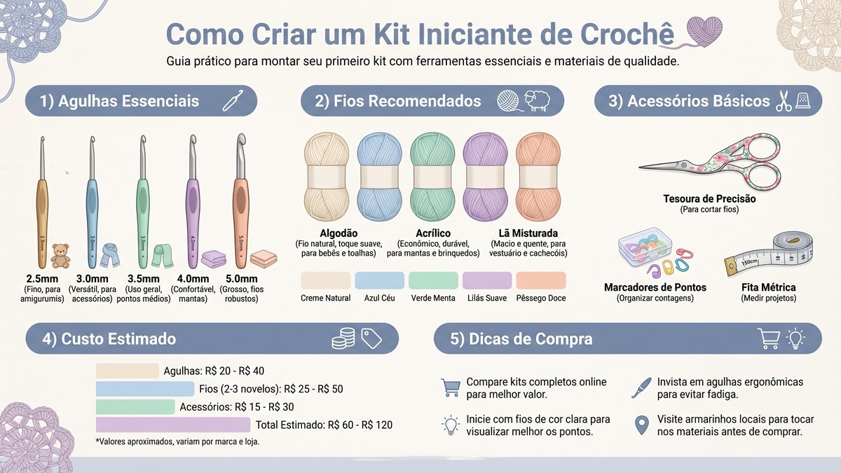 Infografico detalhado em portugues mostrando como montar kit iniciante de croche com secoes de agulhas, fios, acessorios e custos
