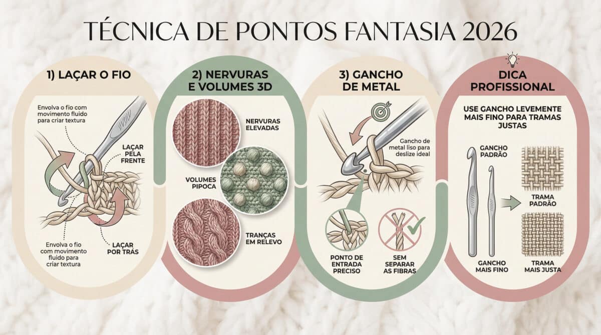 Infografico educativo sobre tecnica de pontos fantasia em croche para 2026 com diagramas e instrucoes detalhadas
