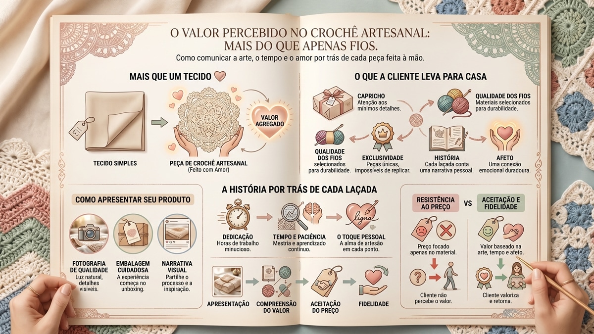 Infografico sobre como apresentar o valor do croche artesanal, mostrando elementos de qualidade, exclusividade e historia por tras de cada peca